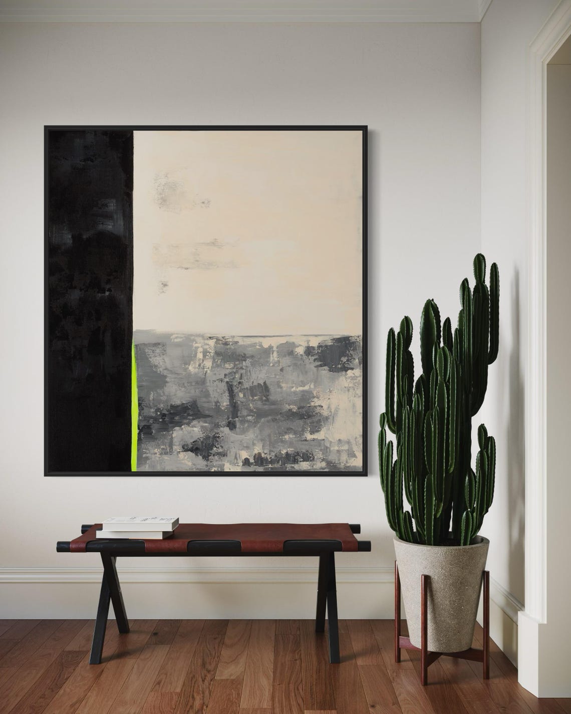 Tall Black Panel Abstract Poster with Neon Green Stripe Accent - Image 5