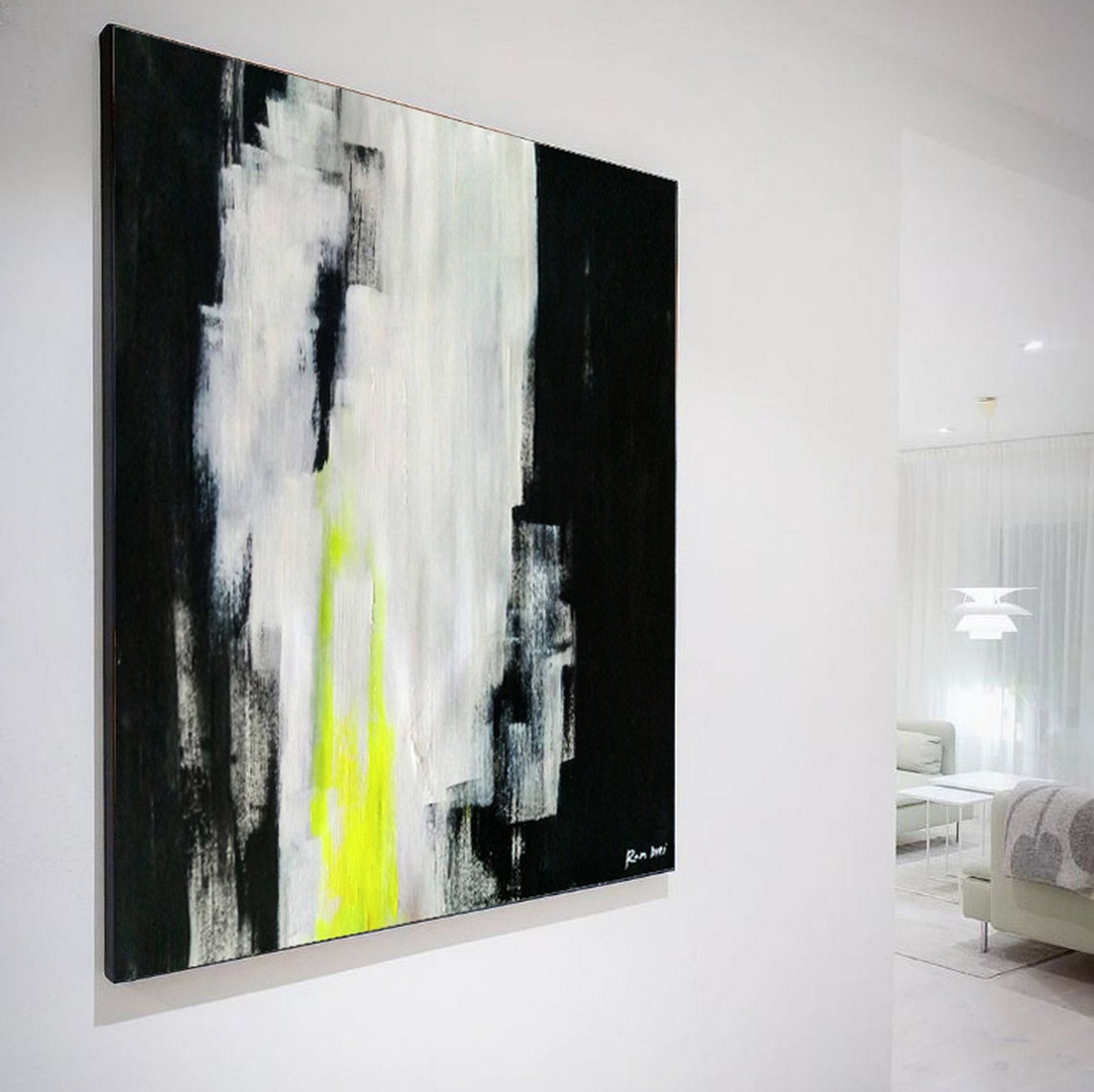 Neon Lime Green Streak on Black White Moody Abstract Art Print - Image 6