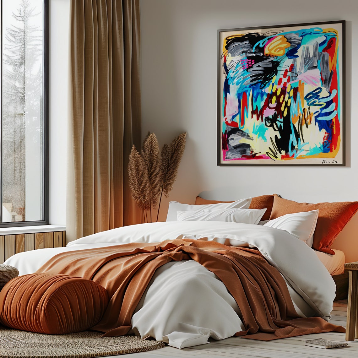 Turquoise Red and Yellow Gestural Marks Square Abstract Art Poster - Image 5