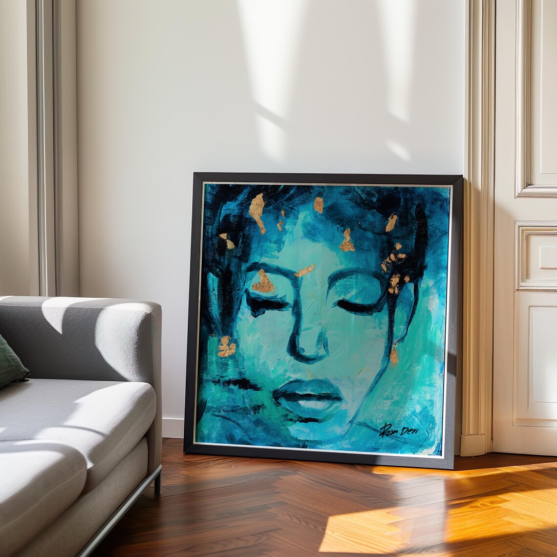 Modern Blue And Gold Abstract Square Face Art Print - Image 4