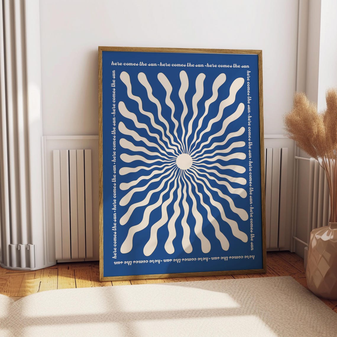 Here Comes The Sun Navy Blue Retro Sunburst Lyric Quote Poster - Image 5
