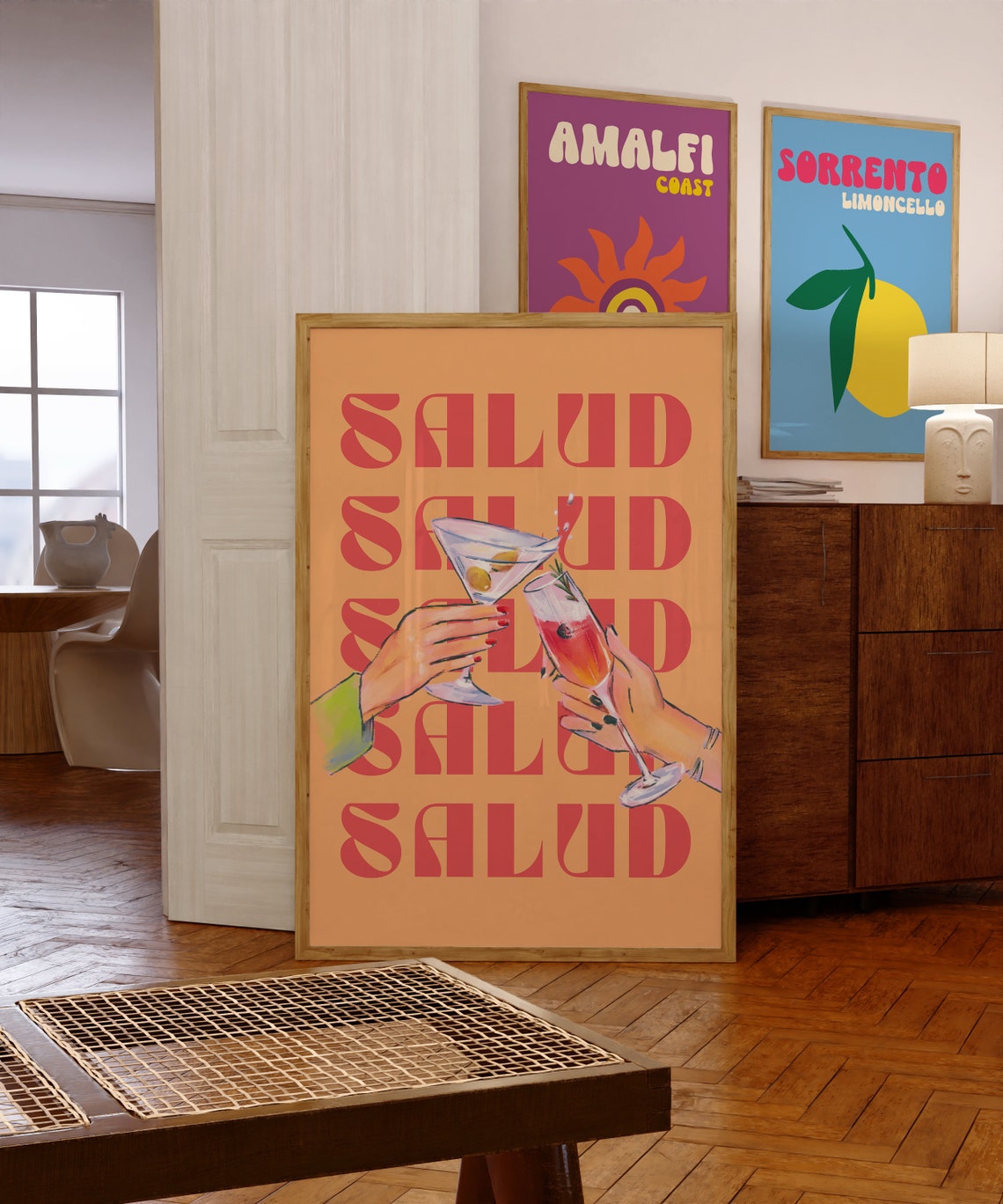 Salud Cocktail Cheers Orange Retro Kitchen Bar Cart Artwork Print - Image 3