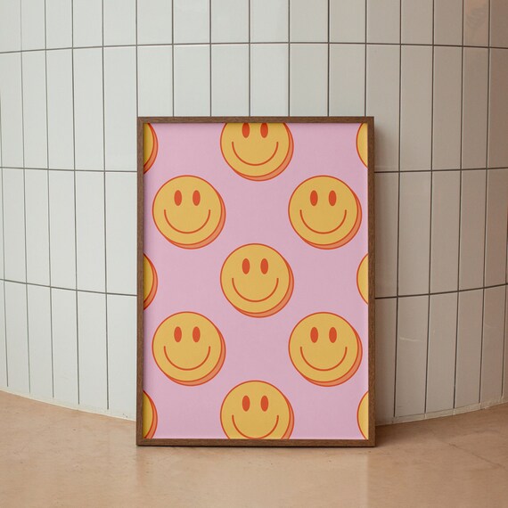 Yellow Smiley Faces Pattern on Pink Retro Dorm Room Aesthetic Poster