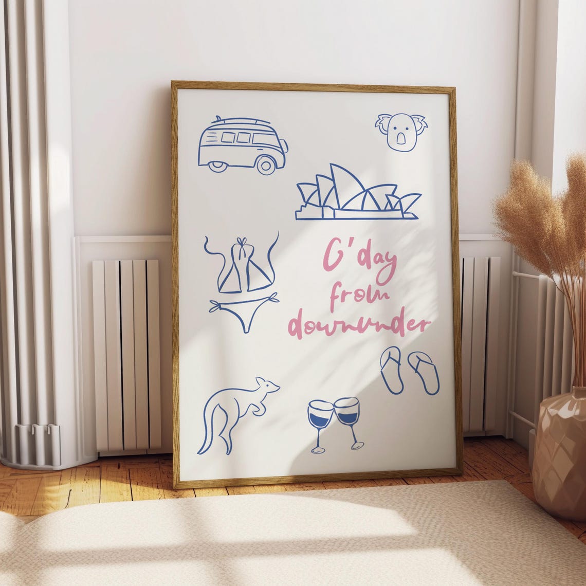 Gday From Downunder Australia Blue Doodle Poster Kangaroo Koala Icons