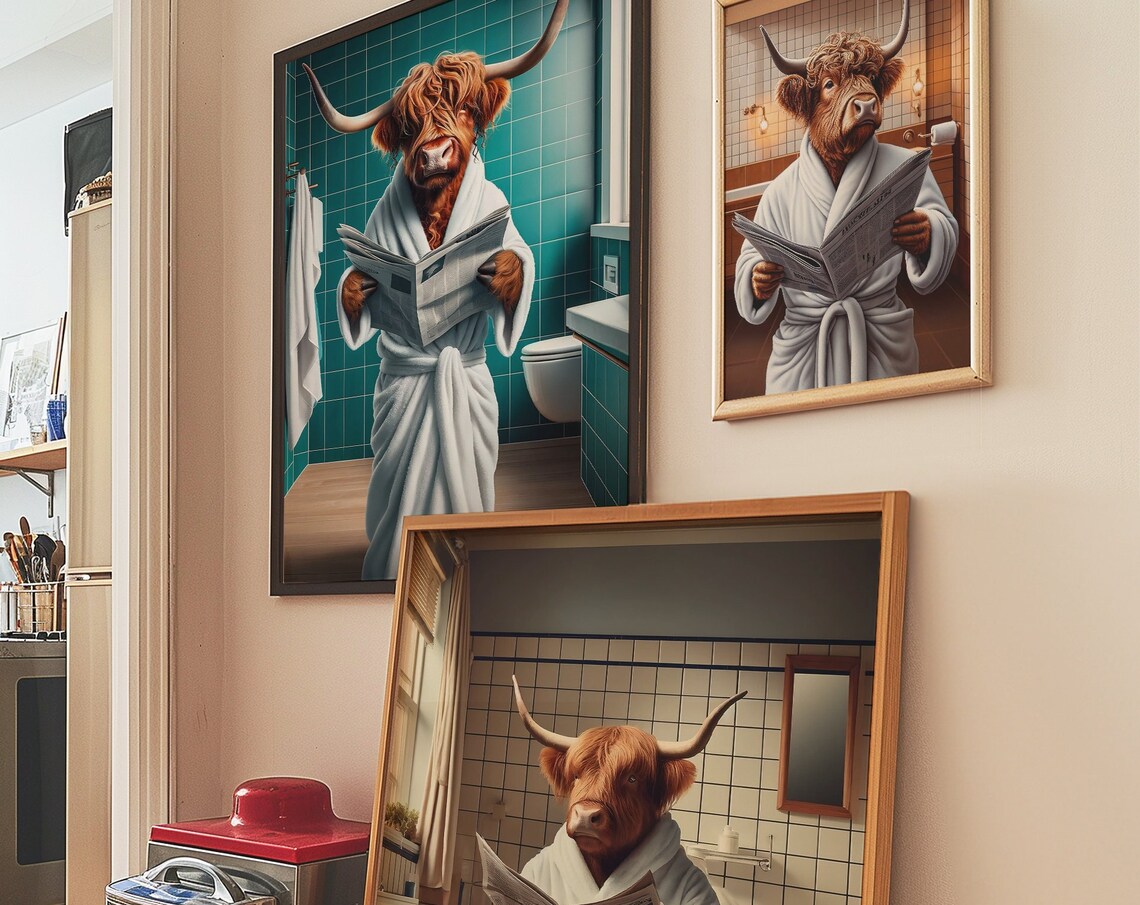 Highland Cow Bathrobe Reading Newspaper Funny Bathroom Poster - Image 4