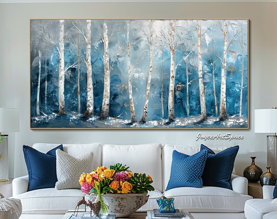 White Birch Trees Teal Textured 3D Forest Oil Painting Poster