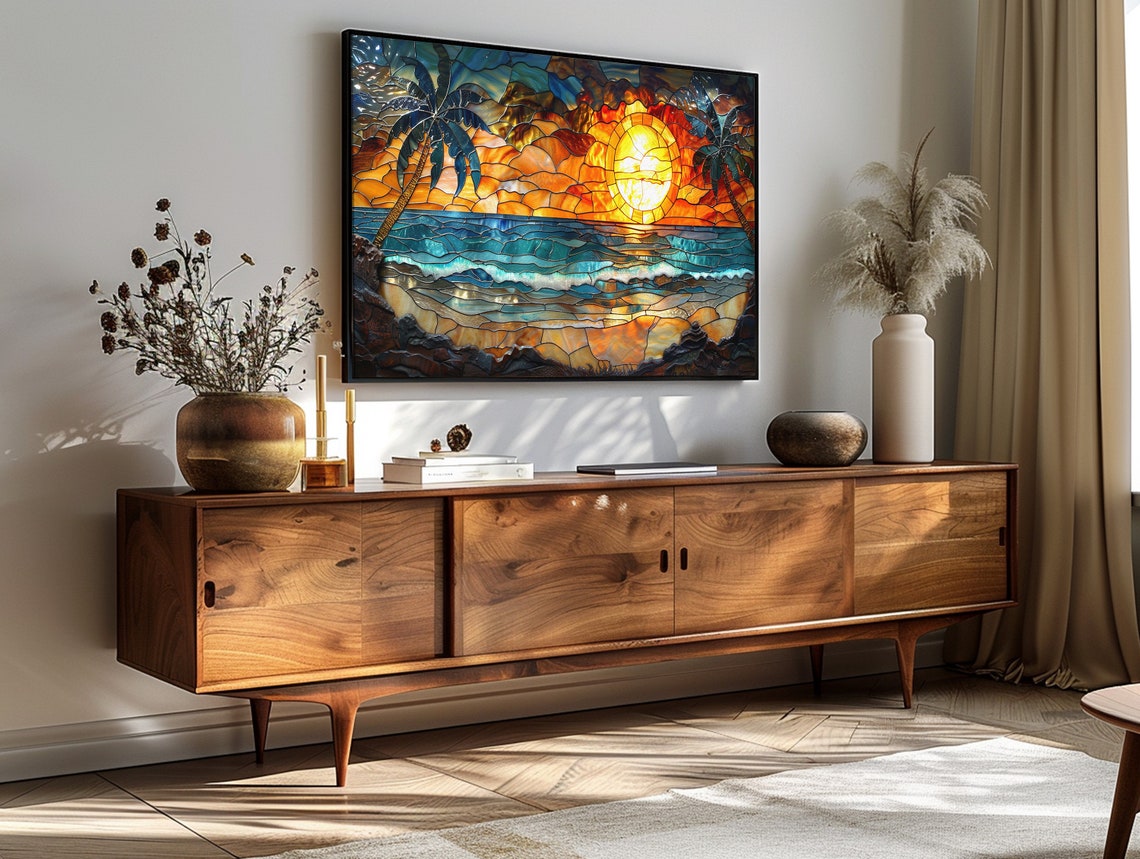 Tropical Beach Sunset Palm Trees Stained Glass Style Ocean Art Print - Image 3