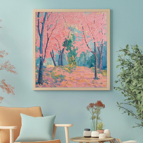 Cherry Blossom Forest Path With Pink Petals Impressionist Poster