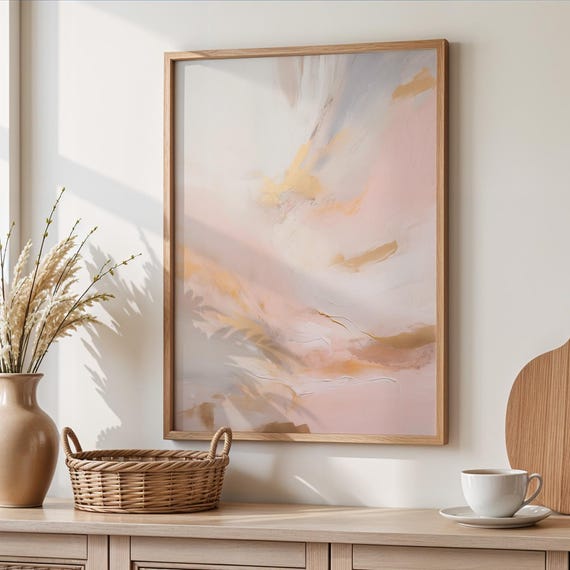 Blush And Gold Abstract Painting Soft Pastel Art Elegant Minimalist Print Poster For Bedroom Office Or Living Room Wall Decor