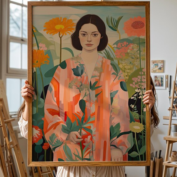 Botanical Portrait Poster Woman In Orange Robe With Flowers Art Print For Living Room Or Bedroom Warm Drawing Illustration