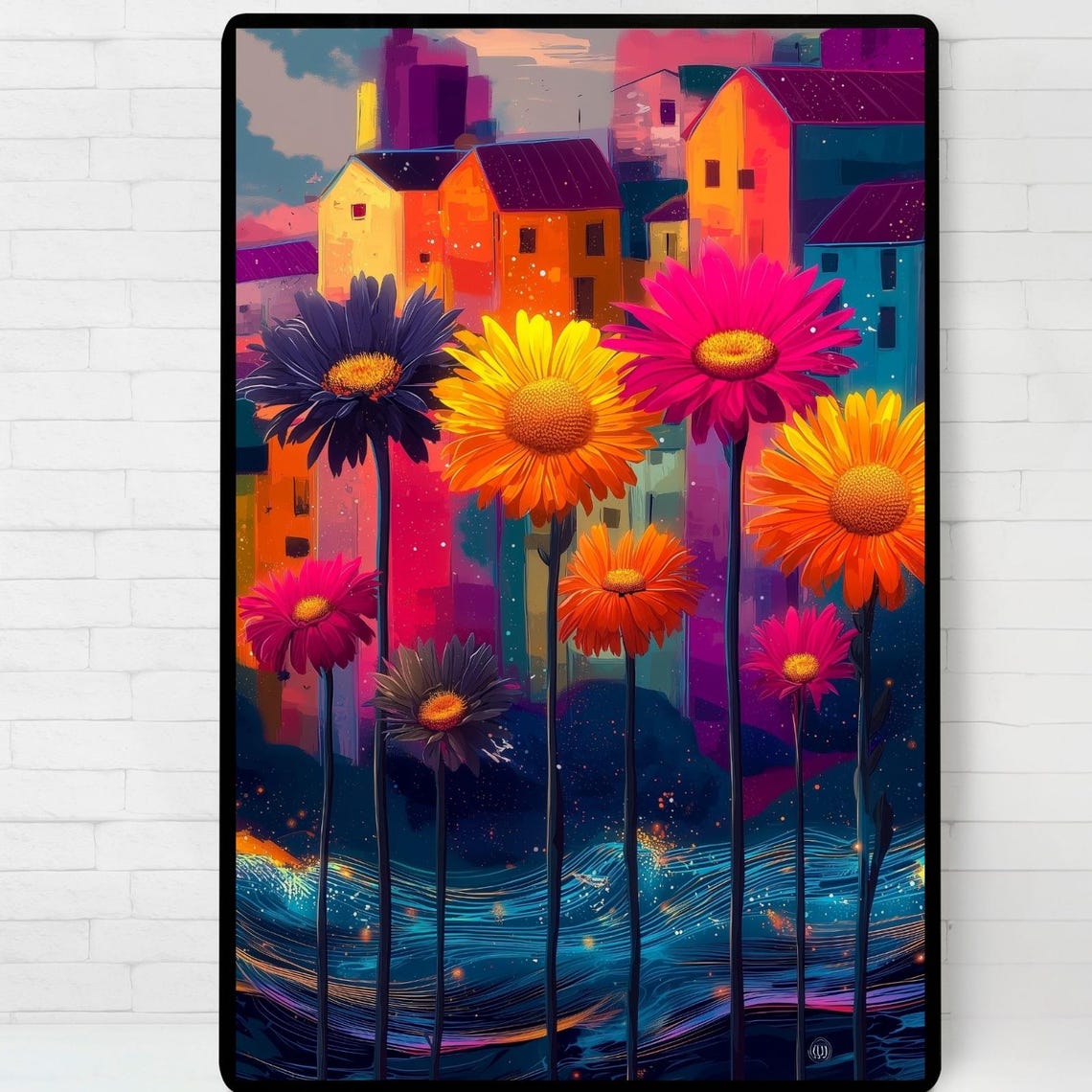 Vibrant Cityscape With Flowers Poster Illustration Print Wall Art Instant
