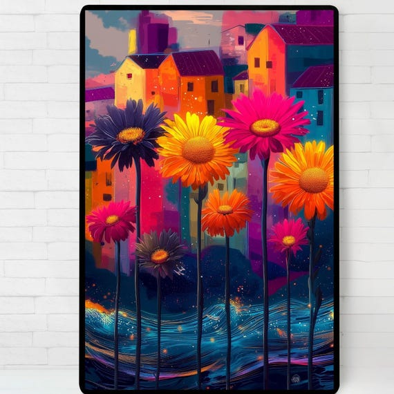 Vibrant Cityscape With Flowers Poster Illustration Print Wall Art Instant