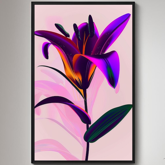 Neon Lily Flower Poster Electric Purple Orange Botanical Wall Decor
