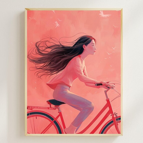 Girl Riding Red Bicycle Windblown Hair Dreamy Spring Art Poster