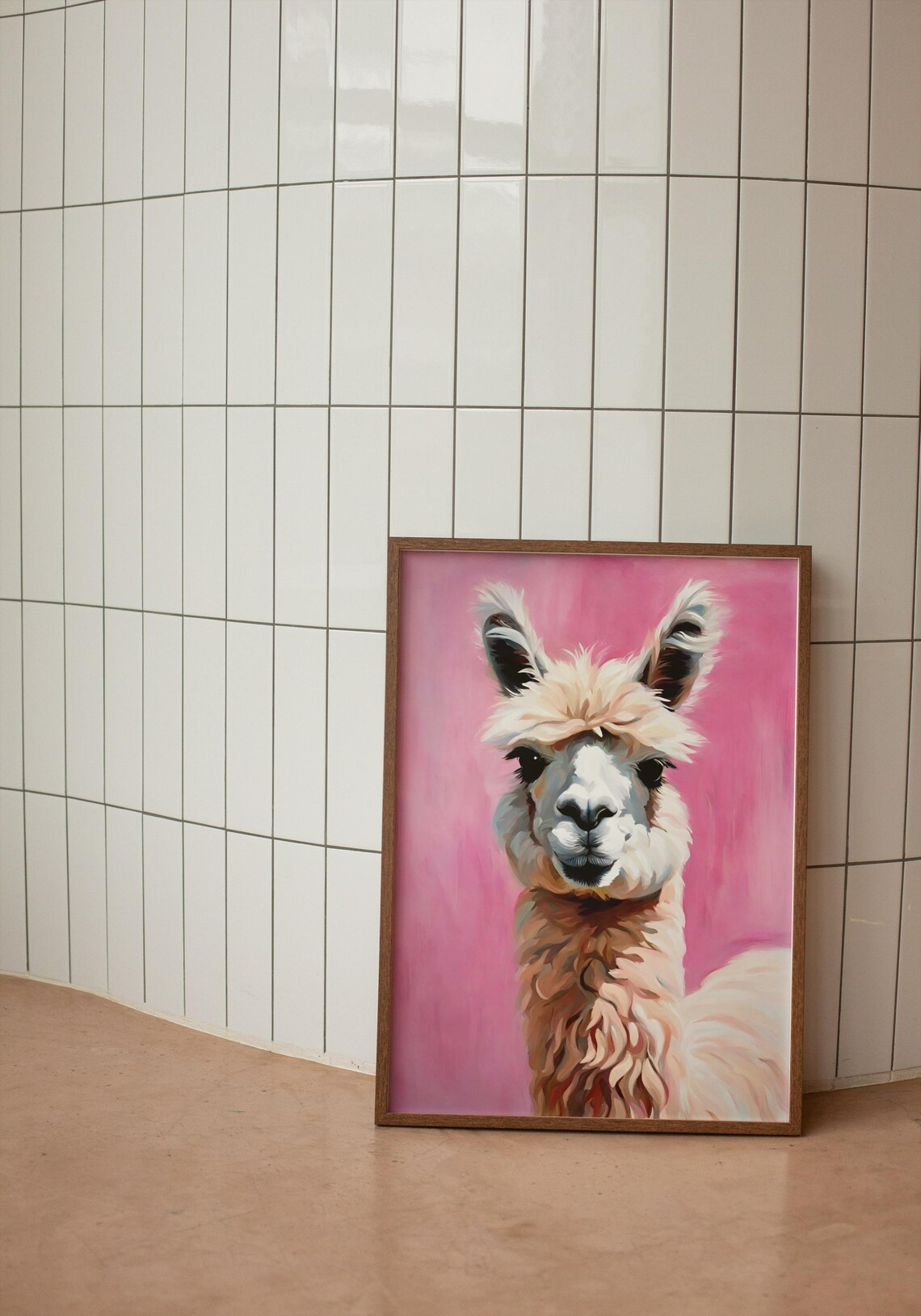 Funny Fluffy Alpaca Portrait Pink Maximalist Llama Animal Poster