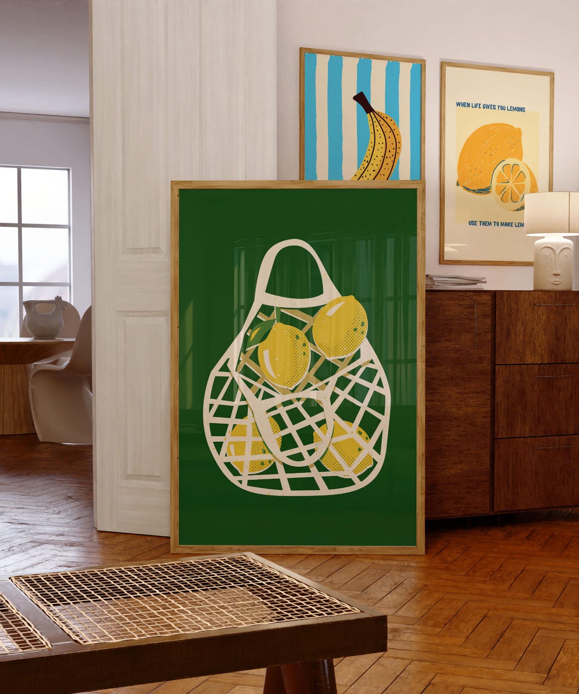 Fresh Lemons in White Mesh Tote Bag Deep Green Kitchen Poster