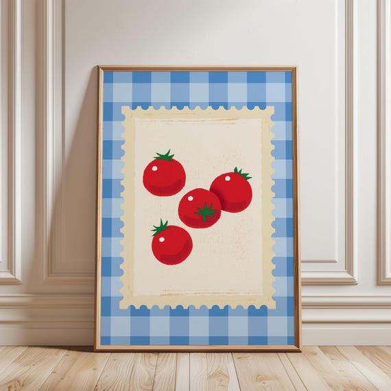 Colorful Tomato Fruit Kitchen Wall Art Teal Blue Red Vintage Checkered Pattern Decor Prints Trendy Print