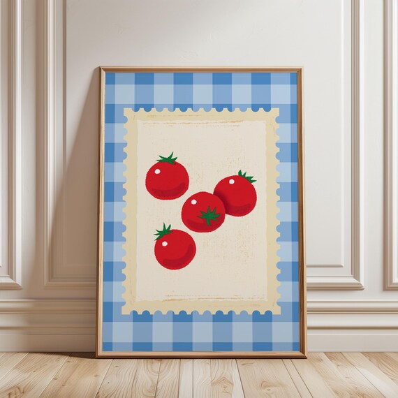 Four Plump Red Tomatoes Blue Gingham Checkered Kitchen Art Poster