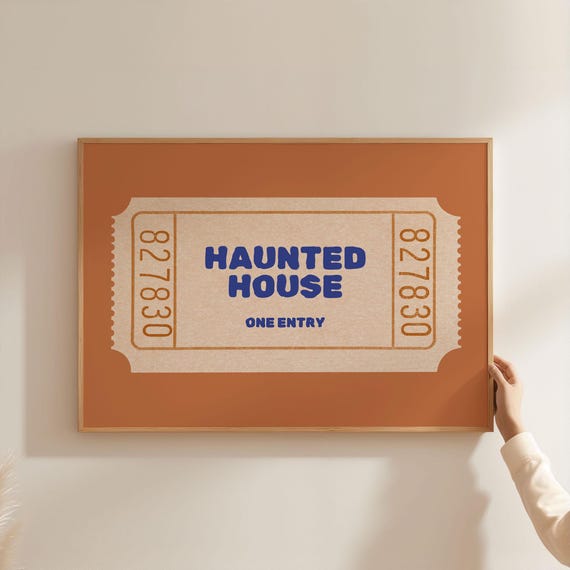 Blue Haunted House Ticket One Entry Retro Halloween Entry Poster