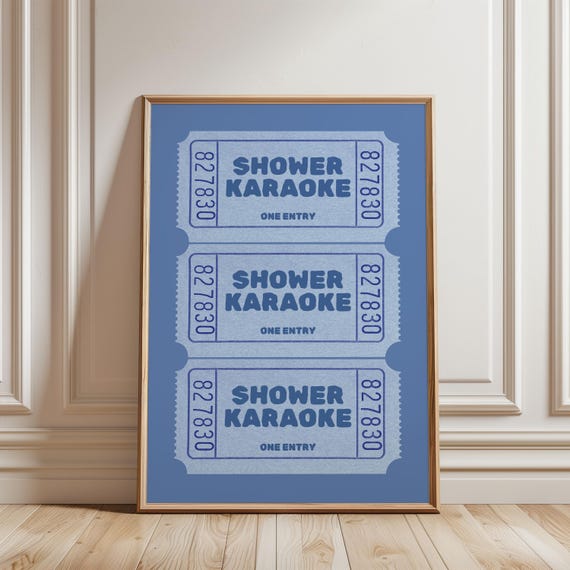 Shower Karaoke Ticket Bathroom Print Funny Blue Trendy Wall Decor Art