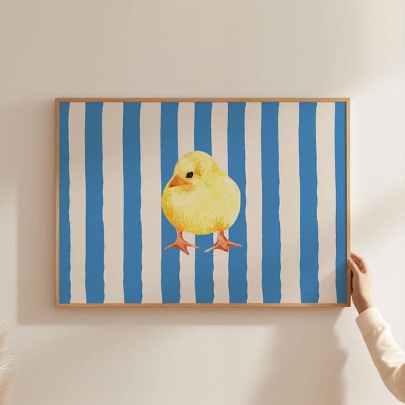 Baby Chicken Chick Hen Nursery Print Cute Animal Landscape Saga Green Stripe Line Pattern For Kids Home Room