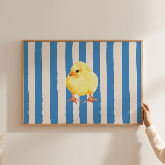 Cute Baby Chick Watercolor on Blue White Stripes Nursery Animal Poster