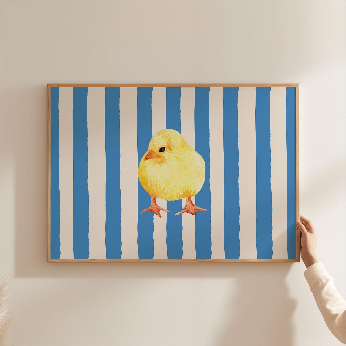 Cute Baby Chick Watercolor on Blue White Stripes Nursery Animal Poster