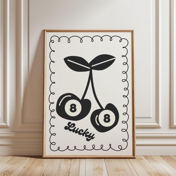 Lucky Me 8 Ball Cherry Art Print Black Poster Vintage Food Trendy Retro Mid Century Modern Kitchen Wall