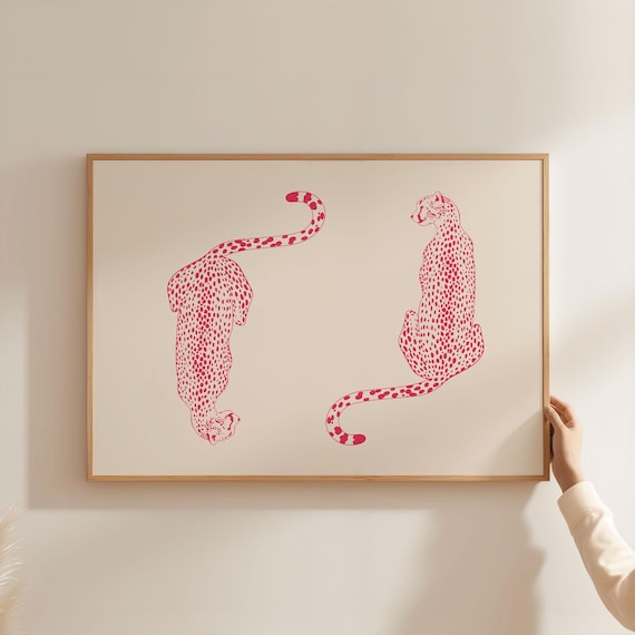 Pink Cheetah Duo Spotted Big Cats Minimalist Modern Decor Art Print
