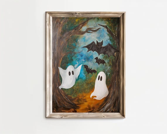 Cute Ghosts Bats Haunted Forest Vintage Halloween Art Poster
