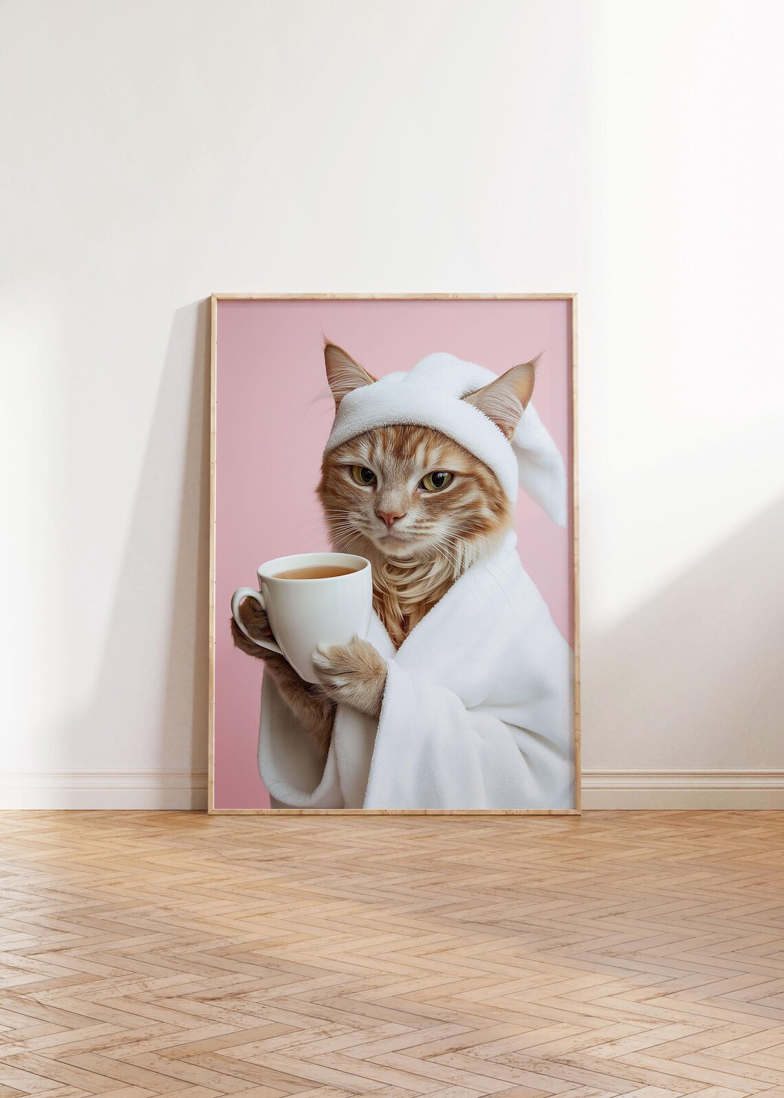 Cat Wear Bath Robe, Funny Bathroom Animal Art Print