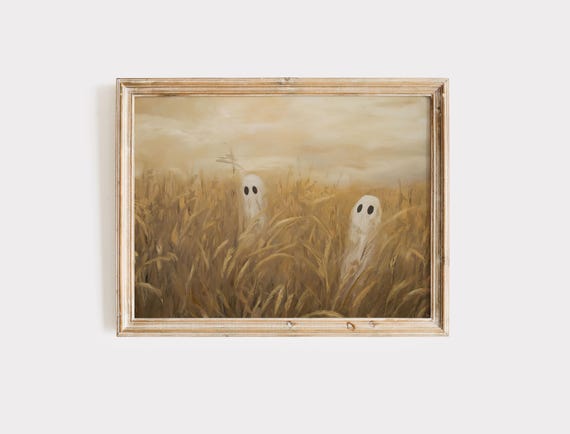 Cute Ghosts Golden Wheat Field Whimsical Vintage Halloween Poster