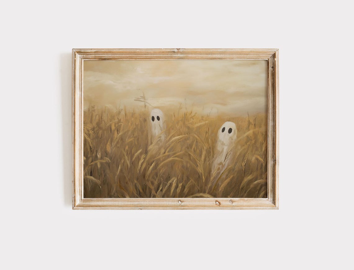 Cute Ghosts Golden Wheat Field Whimsical Vintage Halloween Poster