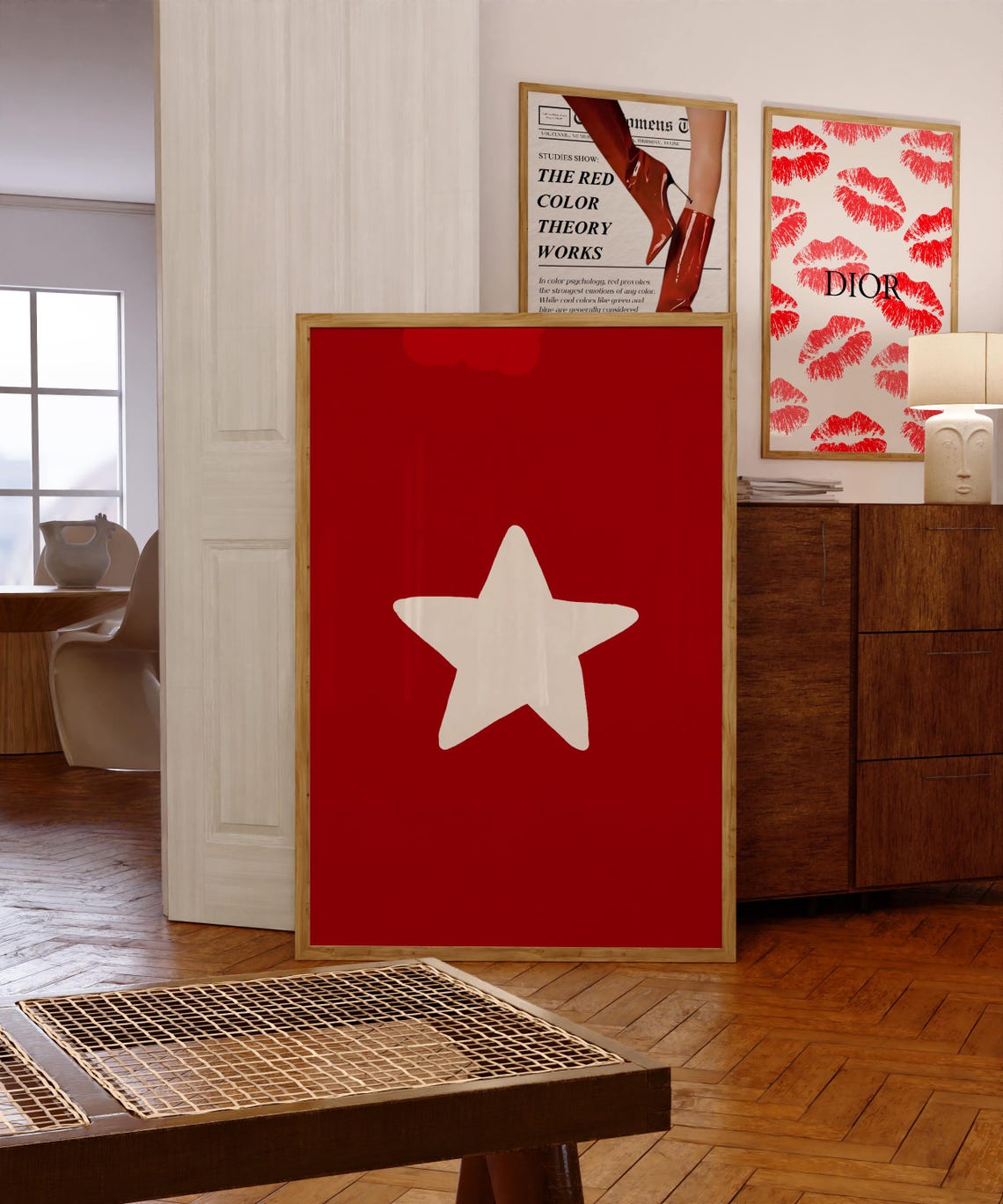 Bold Red Star Vertical Minimalist Modern Dorm Bedroom Wall Art - Image 3
