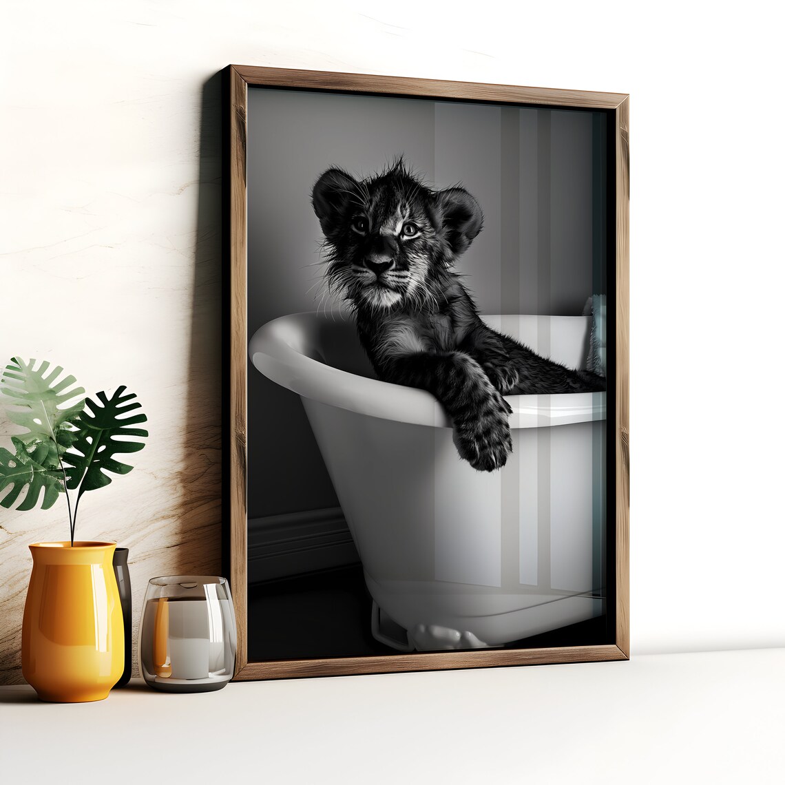 Baby Lion Cub Sitting In White Bathtub Black And White Funny Poster - Image 2