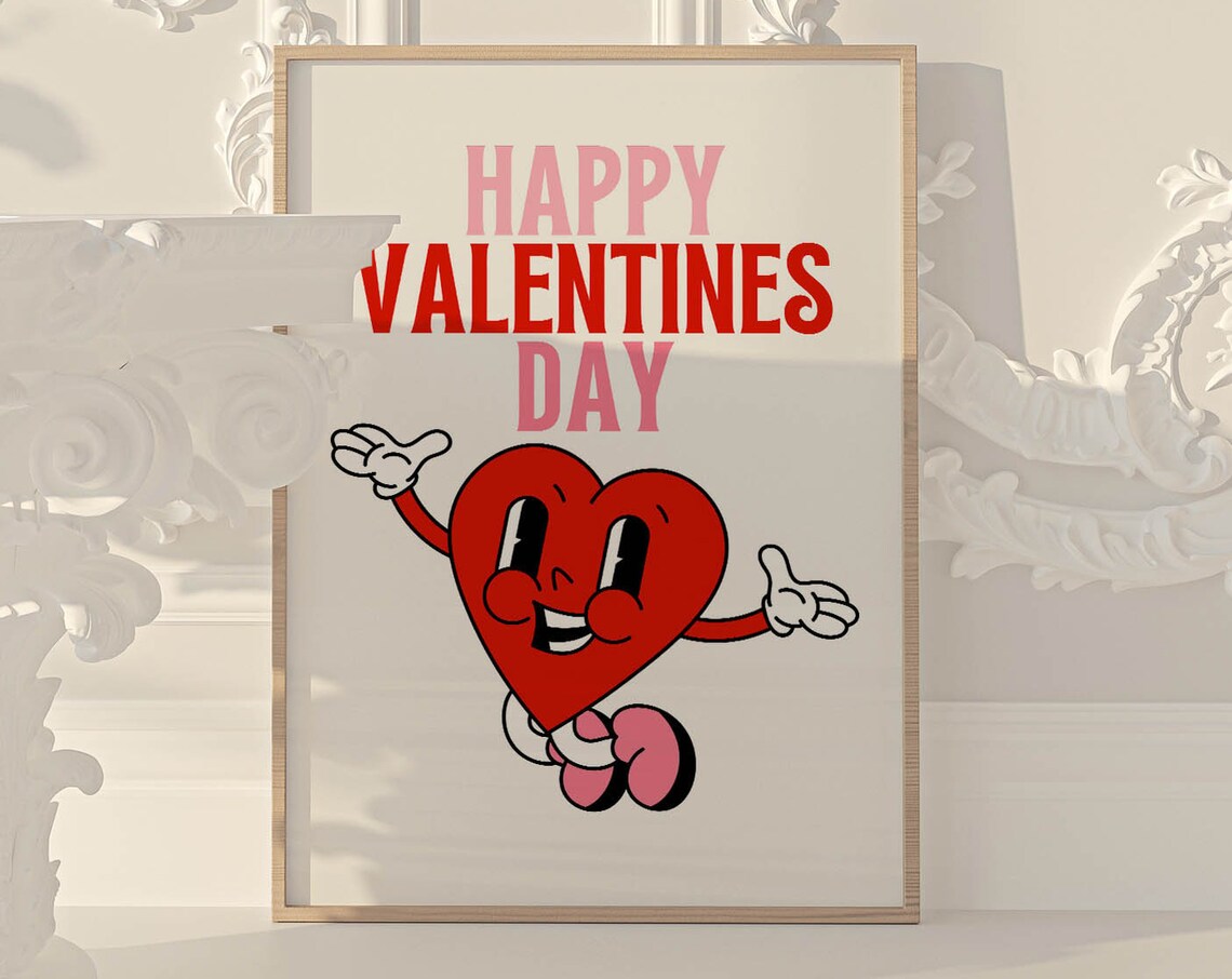Cheerful Happy Valentines Day Retro Heart Mascot Cartoon Poster