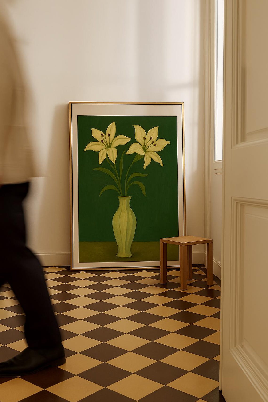 White Lilies in Green Vase Deep Emerald Floral Still Life Poster
