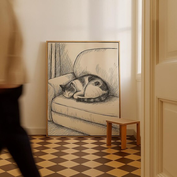 Minimalist Calico Cat Sleeping on Armchair Black Ink Line Art Poster