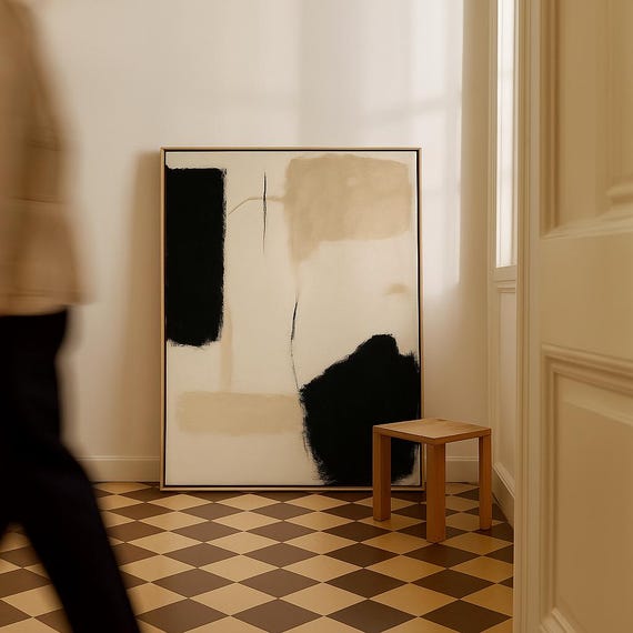 Modern Neutral Abstract Wall Art Black Beige Minimalist Painting Gallery Decor