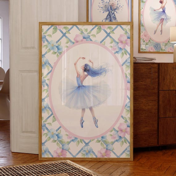 Coquette Ballerina Print Grandmillennial Wall Art Pastel Dance Studio Decor Ballet Dancer Gift Chinoiserie Floral Watercolor Nursery