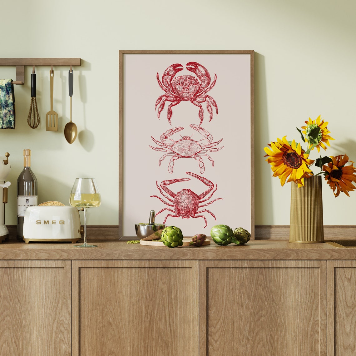 Pink Crab Trio Vintage Botanical Seafood Illustration Kitchen Wall Art - Image 4