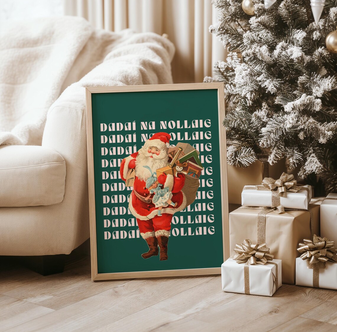 Vintage Santa Head Nollaig Shona Retro Cream Holiday Decor Poster - Image 2
