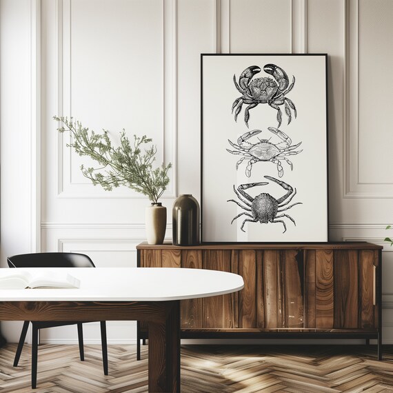 Black Crab Print Vintage Food Wall Art Seafood Poster Kitchen Wall Art Fish Sketch Art Retro Decor Dining Room Gallery Wall Art
