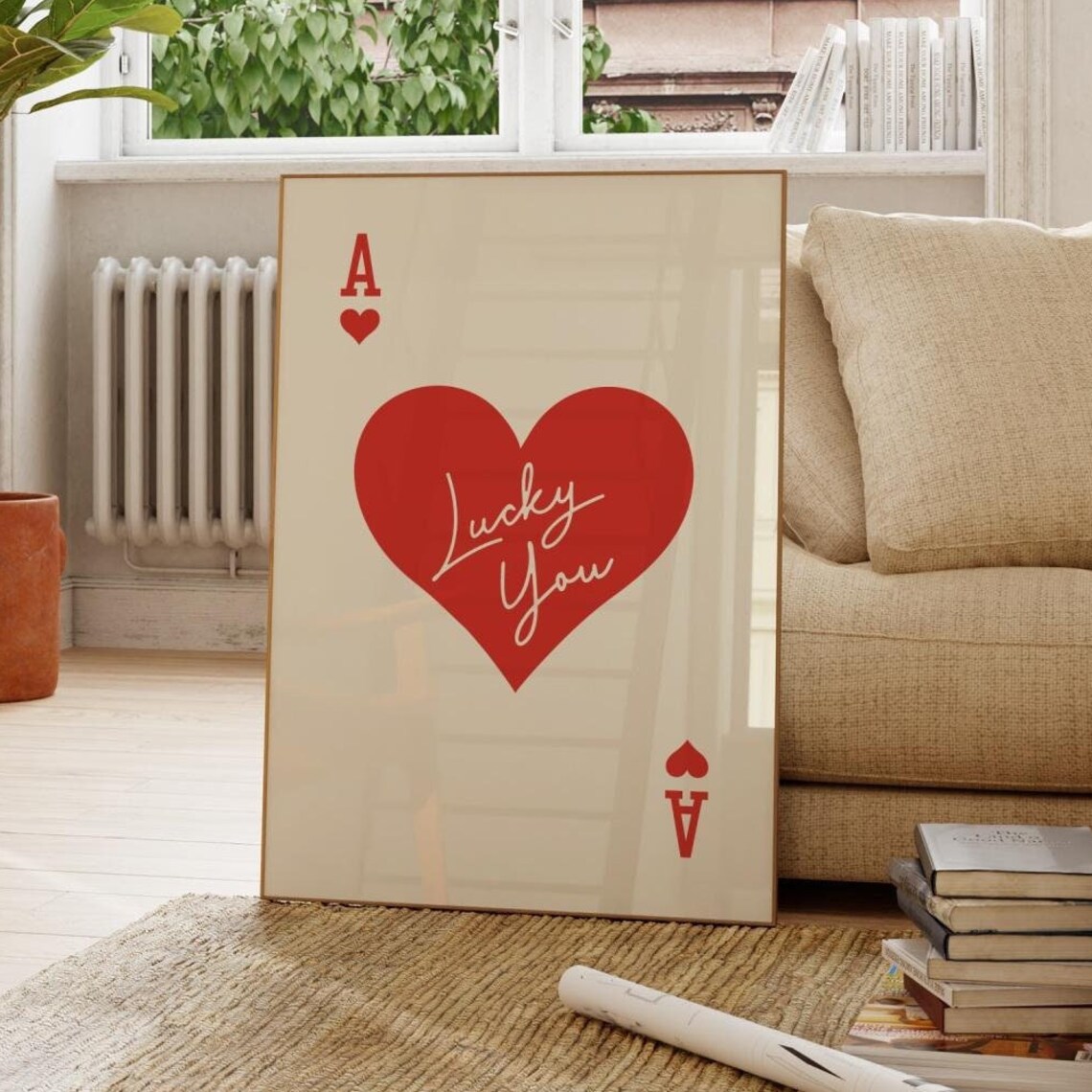Ace of Hearts Lucky You Red Heart Script Cream Card Wall Poster