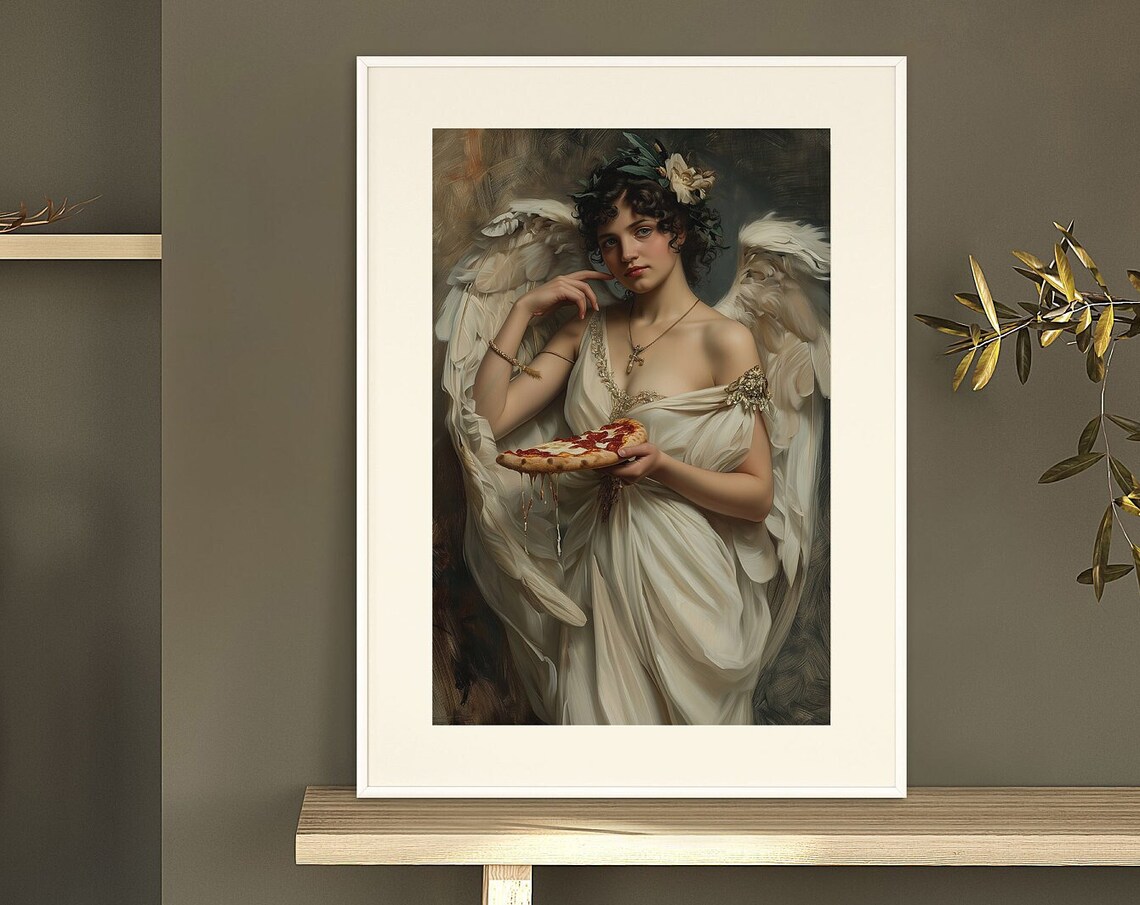 Angel Woman Eating Pizza Slice Classical Fine Art Oil Painting Poster