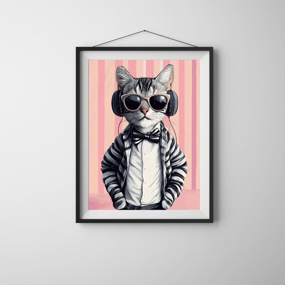 Hipster Cat Headphones Sunglasses Bow Tie Pink Cool Funny Feline Poster