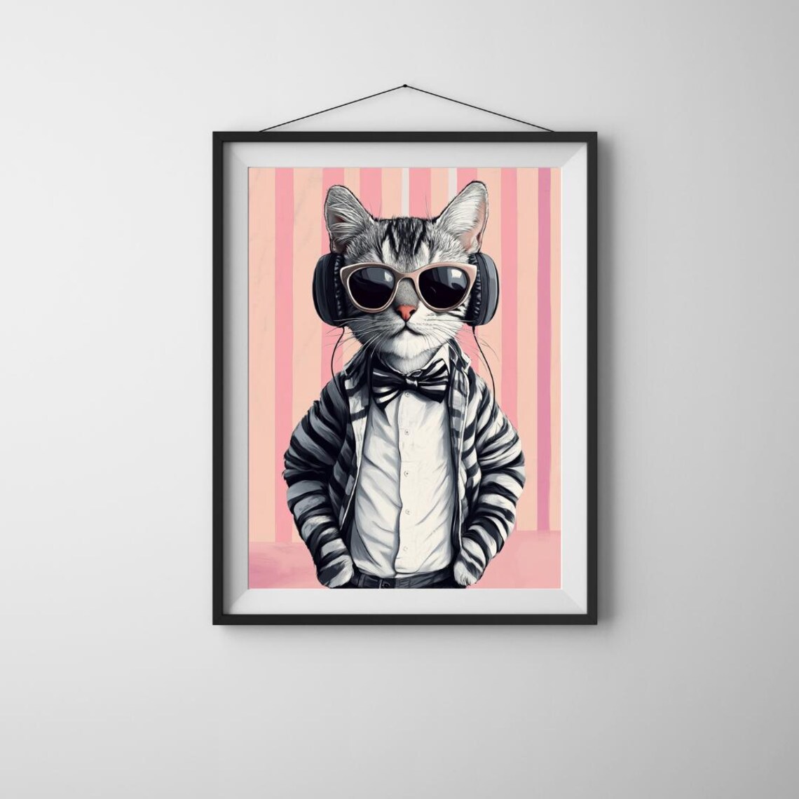 Hipster Cat Headphones Sunglasses Bow Tie Pink Cool Funny Feline Poster