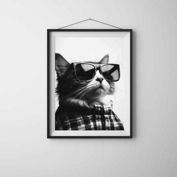 Cool Cat Wall Art Hipster Poster With Sunglasses Funny Pet Print Retro Animal Illustration Stylish Feline Artwork