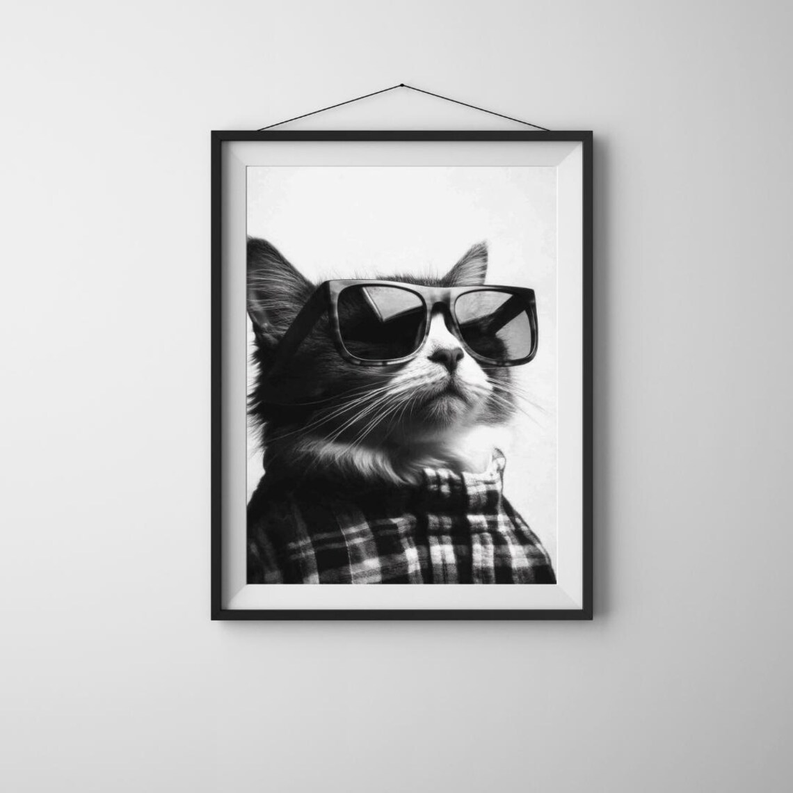 Cool Cat Sunglasses Plaid Shirt Black White Stylish Funny Feline Portrait Poster
