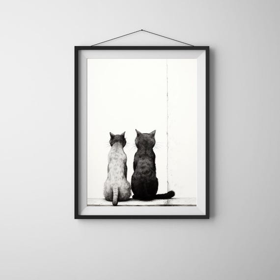 Together Cat Art Minimalist Illustration Cute Wall Decor Lover Print Poster